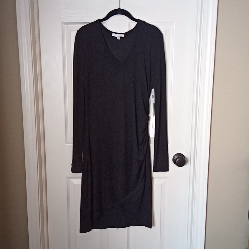 June & Hudson Little Black V-Neck Knit Sweater Dress w/Rouching Size XL
